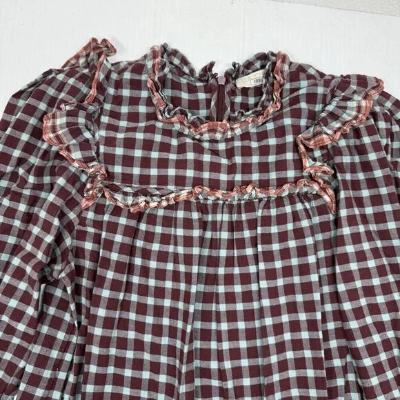 Ulla Johnson Elm Plaid Ruffle Mini Dress Size 8 Burgundy Check Long Sleeve - Picture 7 of 13